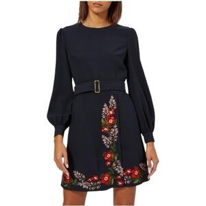 Ted Baker Embroidered Black Long Sleeve Dress Belted Women’s 4 US